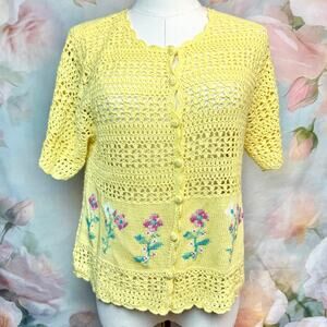 Vintage 80s Teddi Yellow Floral Crochet Button Up Short Sleeve Top